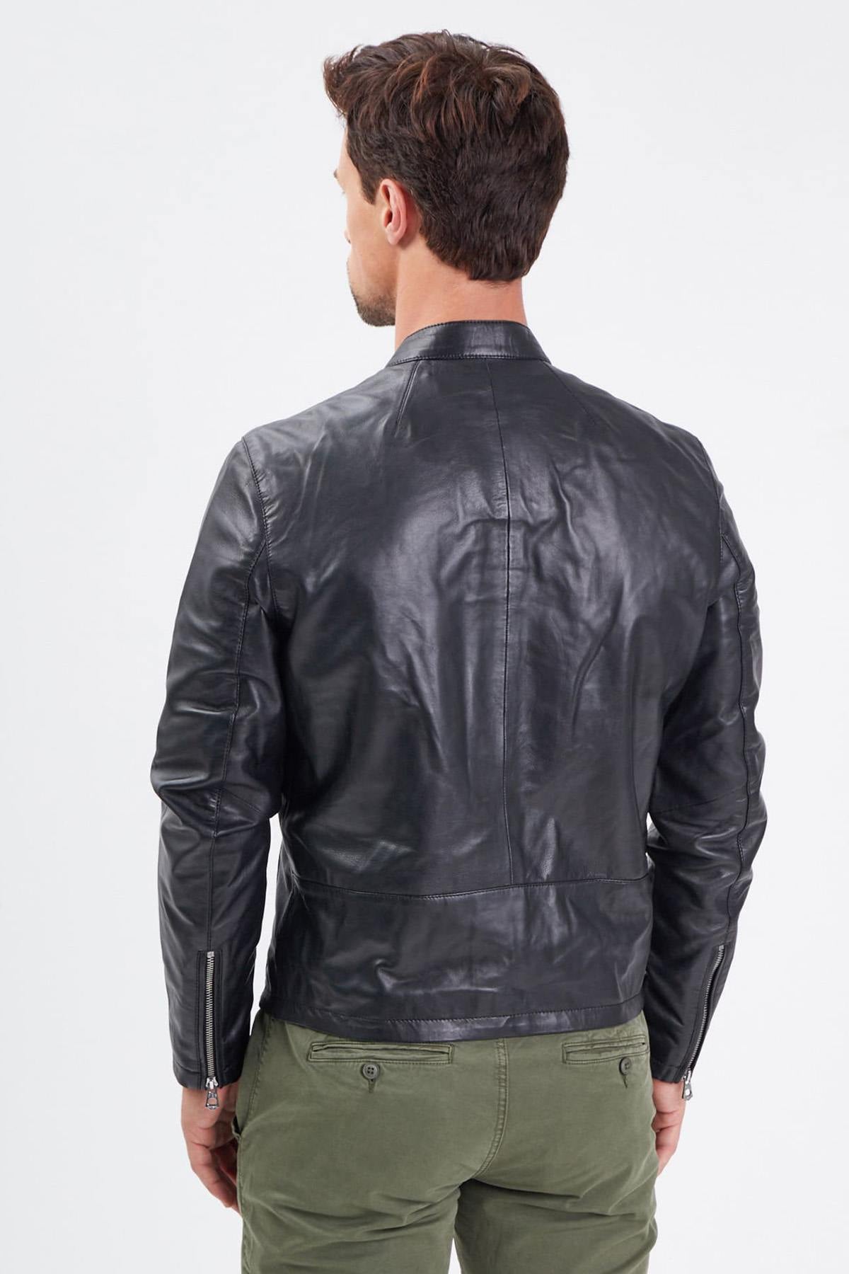 Black leather jacket with simple biker collar - Image n°5