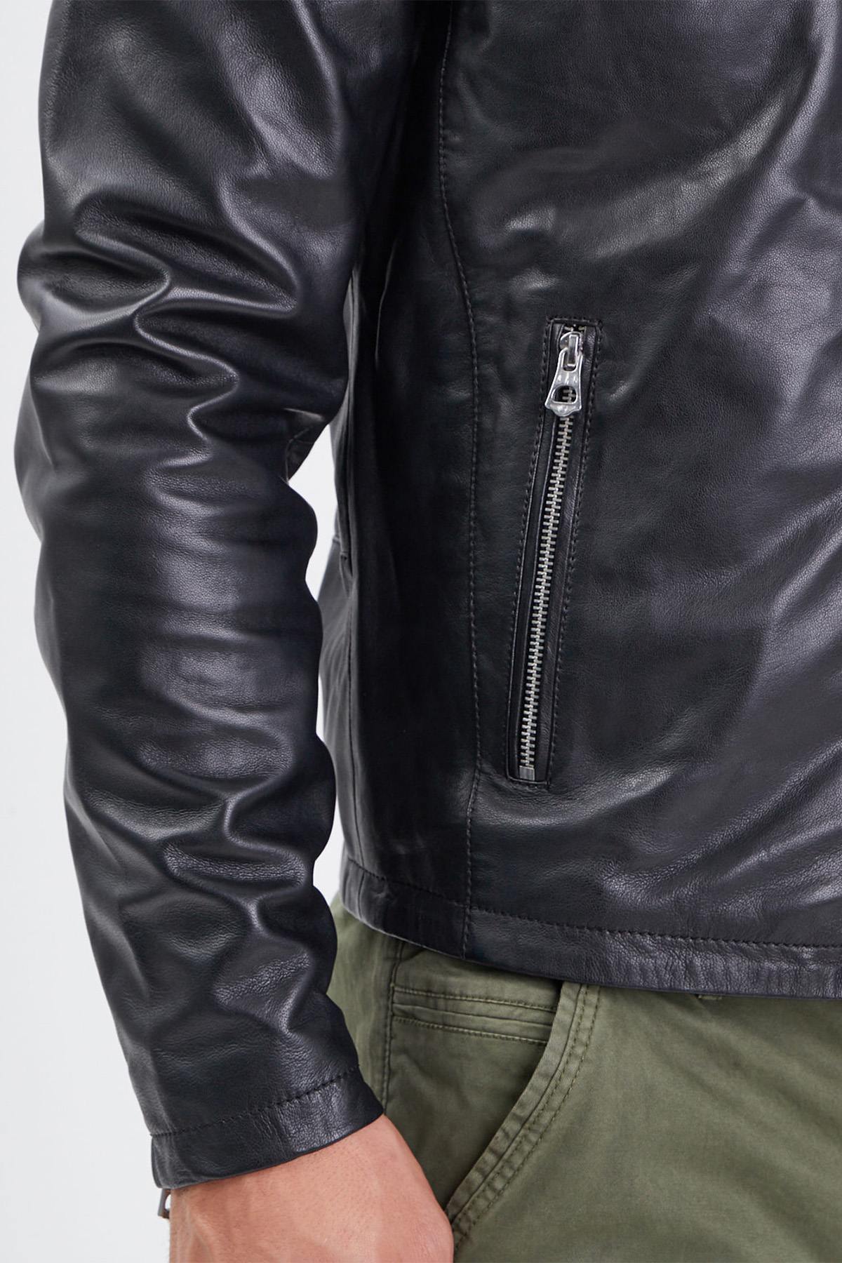 Black leather jacket with simple biker collar - Image n°6