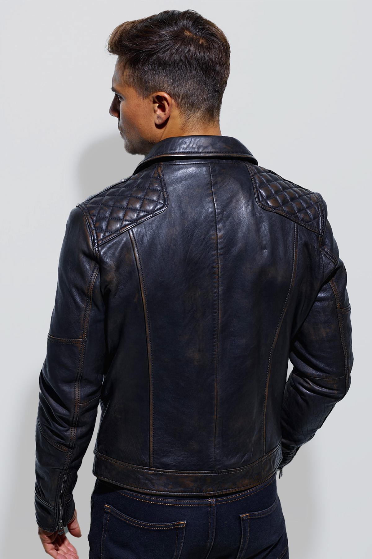 Black aged leather jacket with perfecto collar - Image n°2