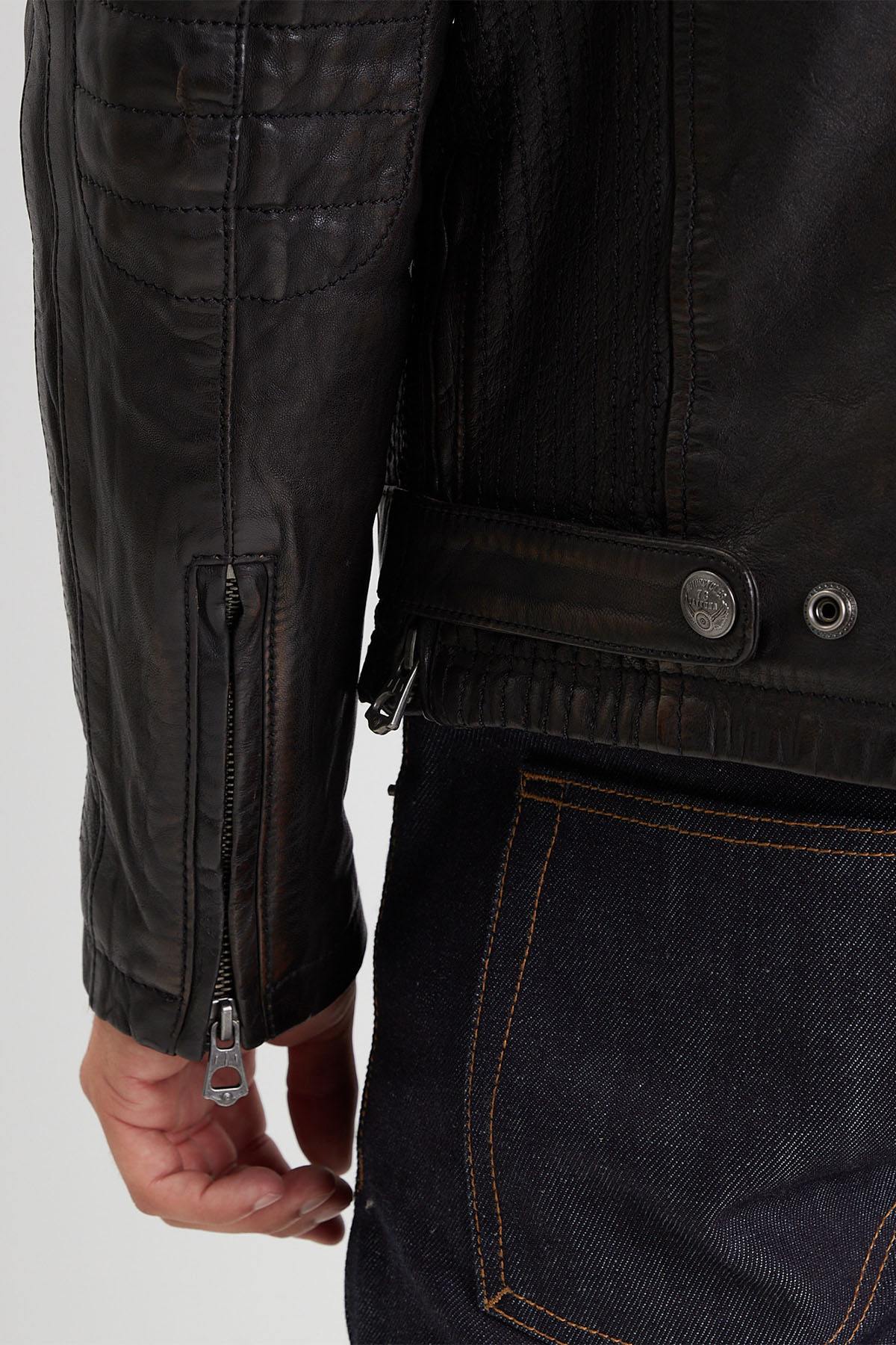 Black aged leather jacket with biker collar - Image n°3