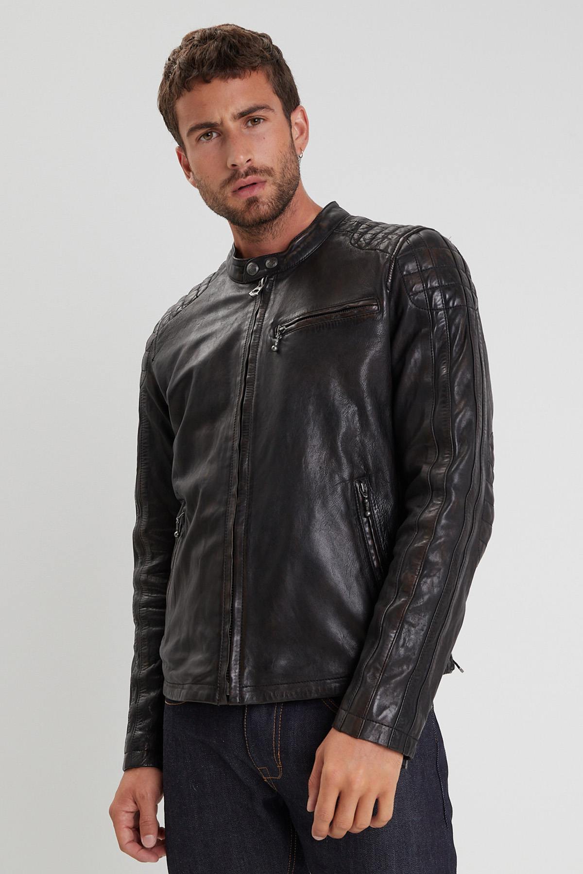 Black aged leather jacket with biker collar - Image n°1