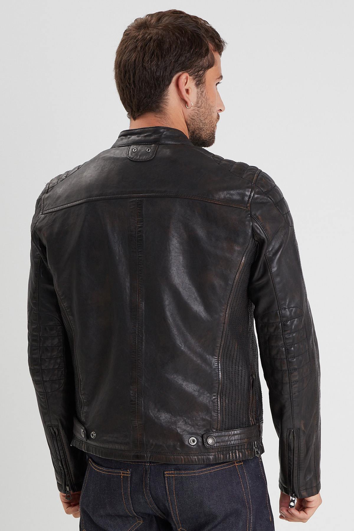 Black aged leather jacket with biker collar - Image n°2