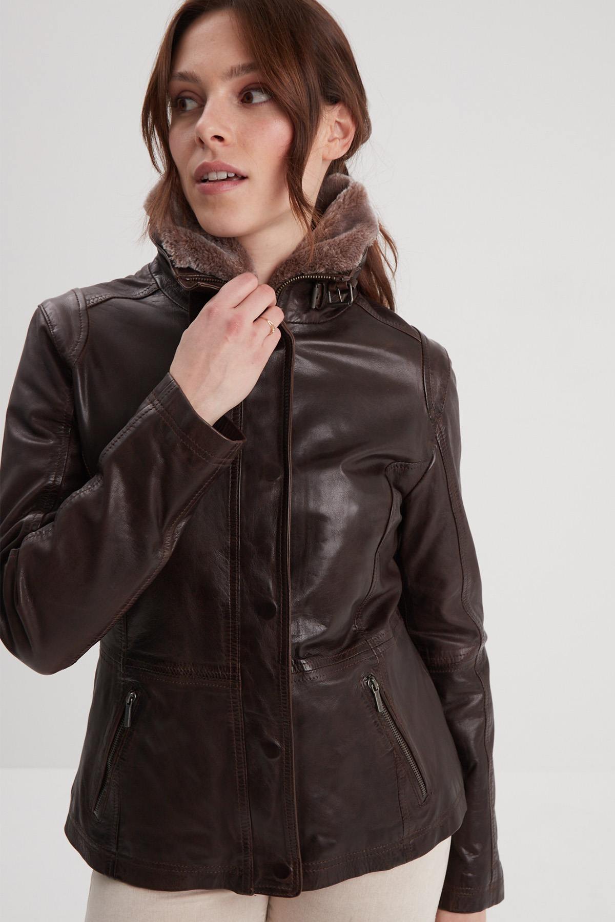 Brown leather jacket with removable fur stand collar - Image n°1