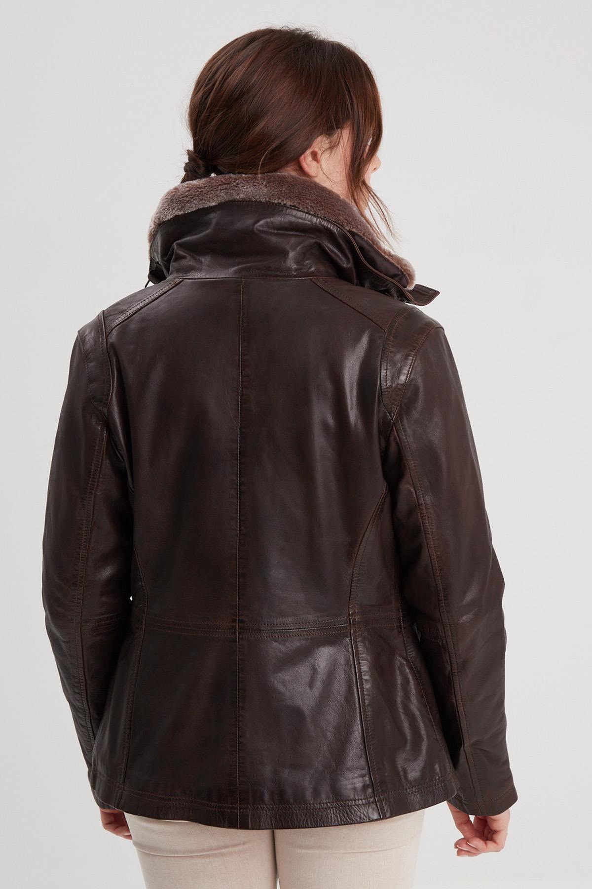 Brown leather jacket with removable fur stand collar - Image n°2