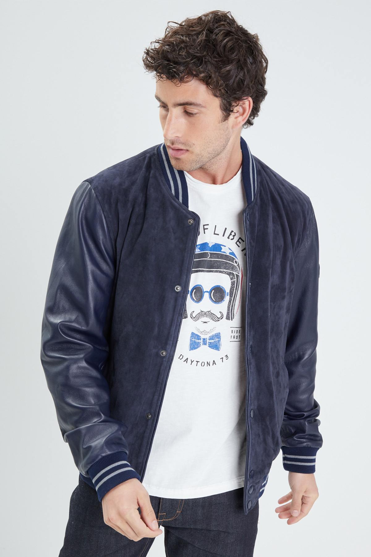 Navy blue suede leather teddy - Image n°1