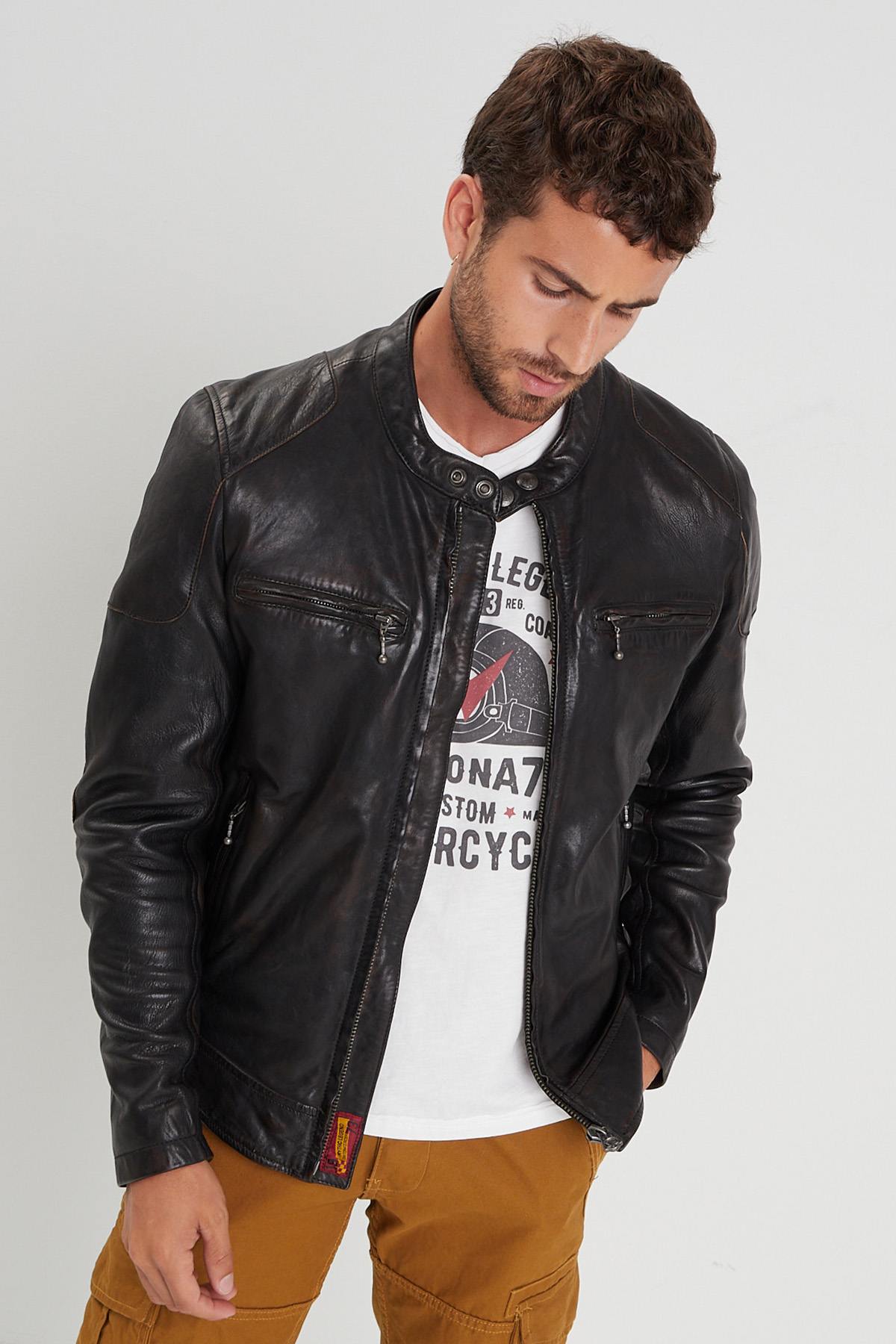 Black leather jacket with biker collar for men - Image n°4