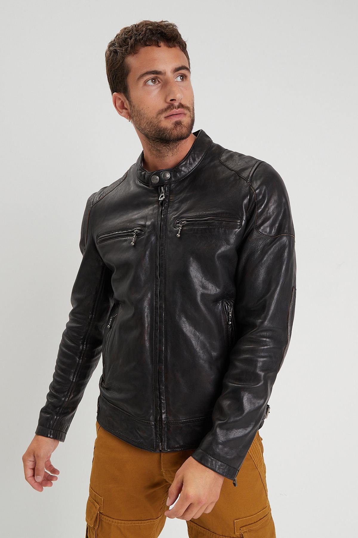 Black leather jacket with biker collar for men - Image n°1