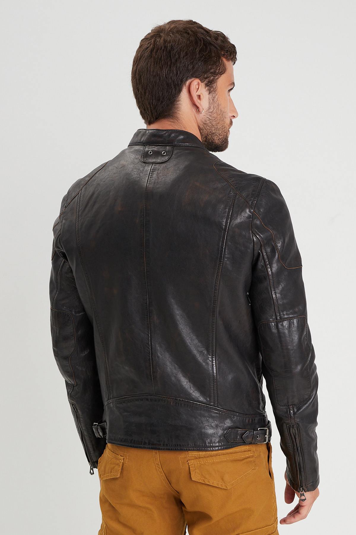 Black leather jacket with biker collar for men - Image n°2