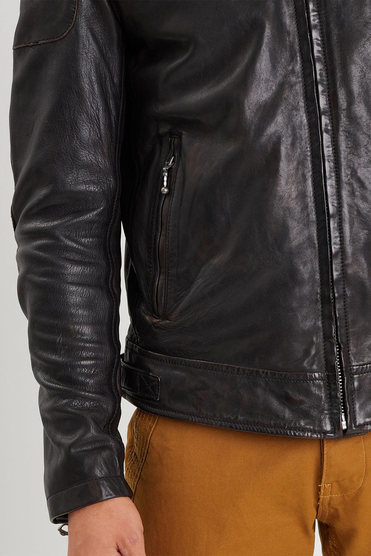 Black leather jacket with biker collar for men - Image n°5