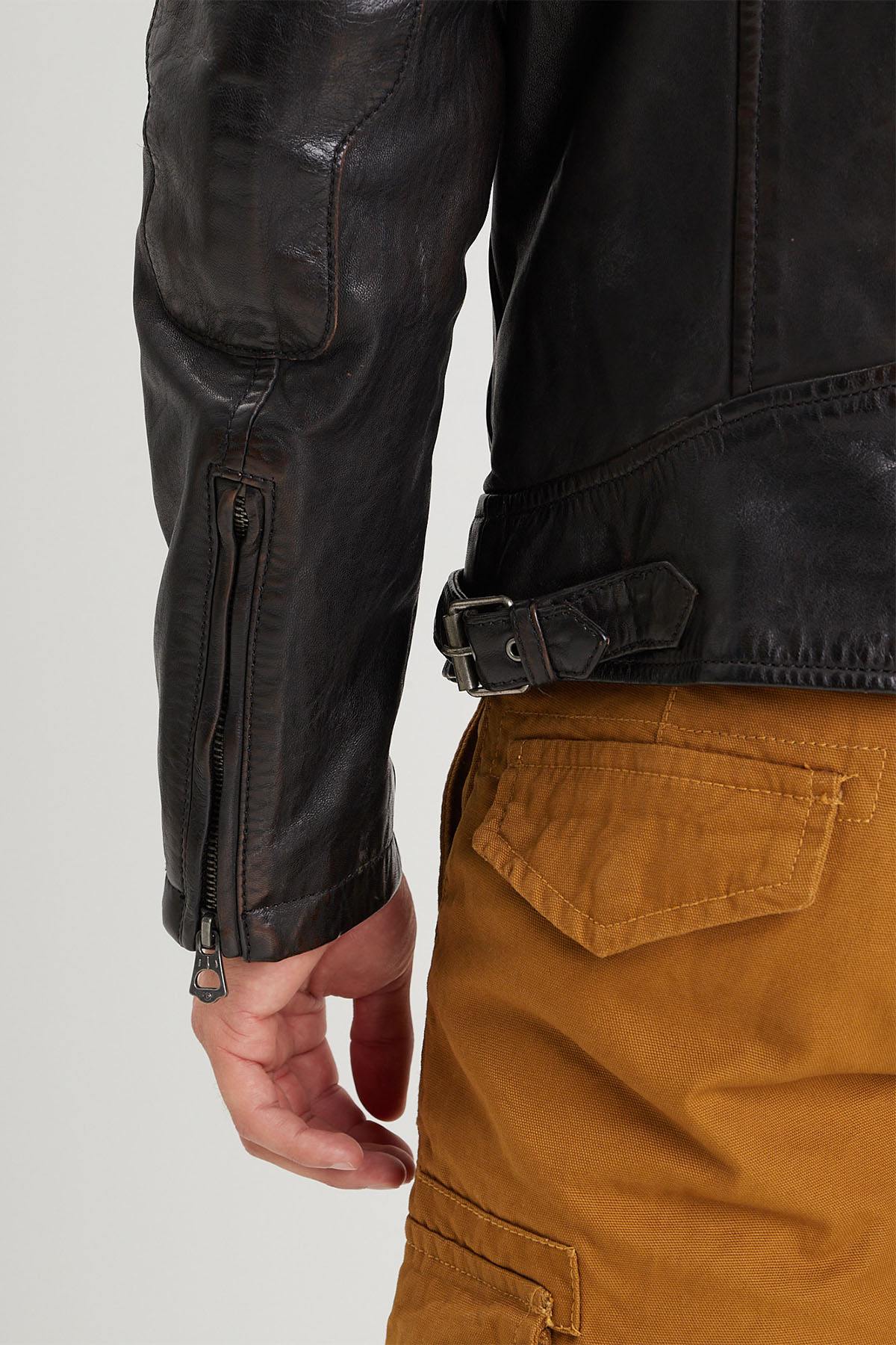 Black leather jacket with biker collar for men - Image n°6