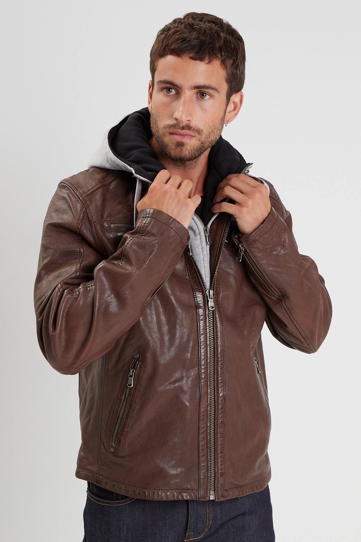 Leather jacket with bison biker collar and removable facing - Image n°1