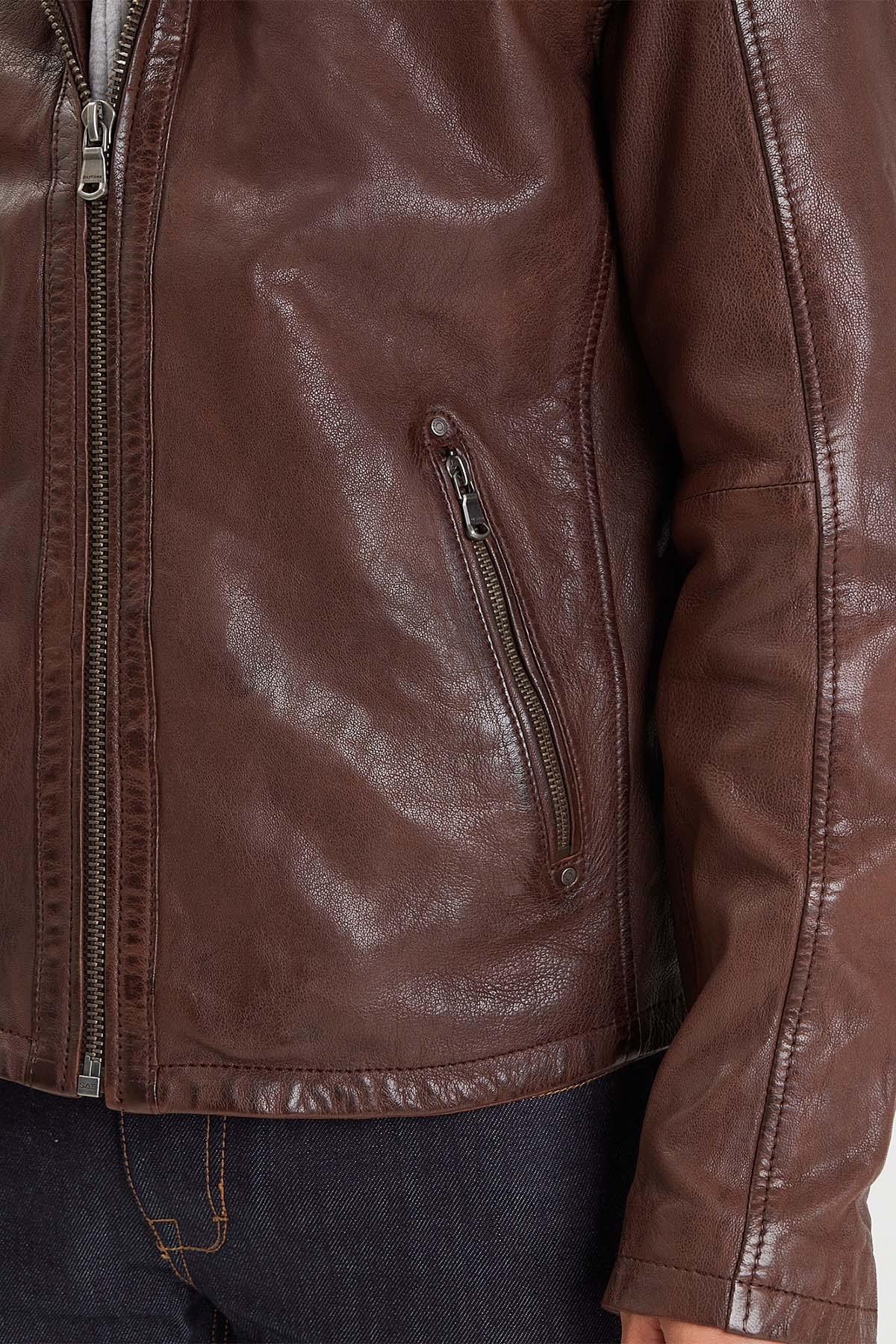 Leather jacket with bison biker collar and removable facing - Image n°4