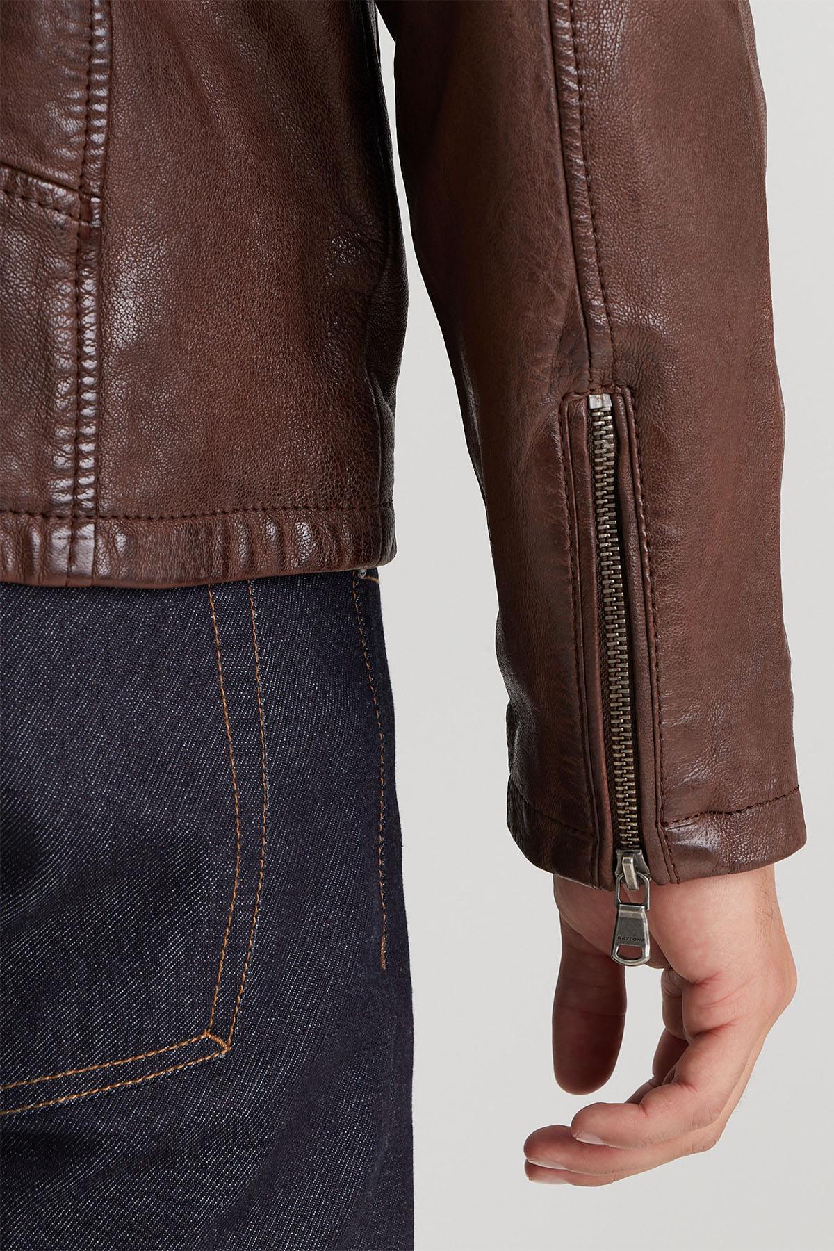 Leather jacket with bison biker collar and removable facing - Image n°6