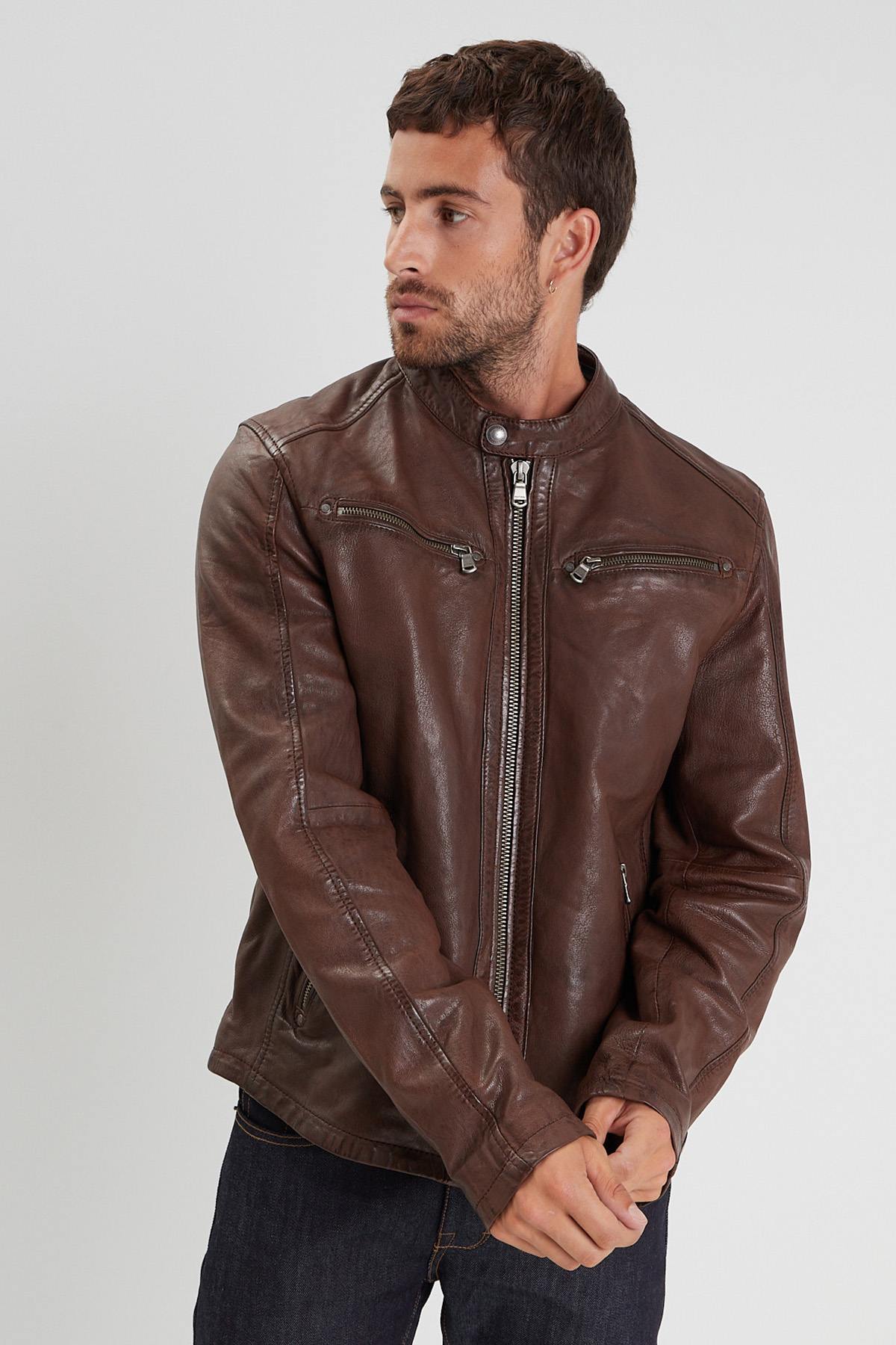 Leather jacket with bison biker collar and removable facing - Image n°3