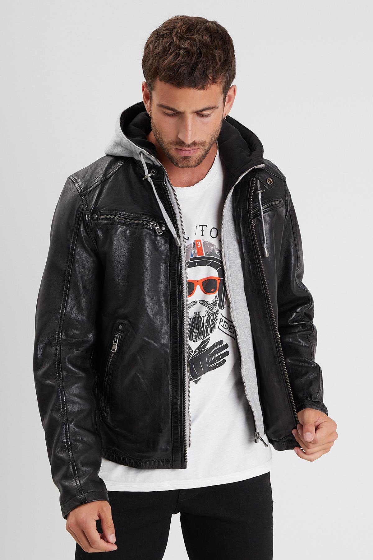 Black leather jacket with biker collar and removable facing - Image n°6