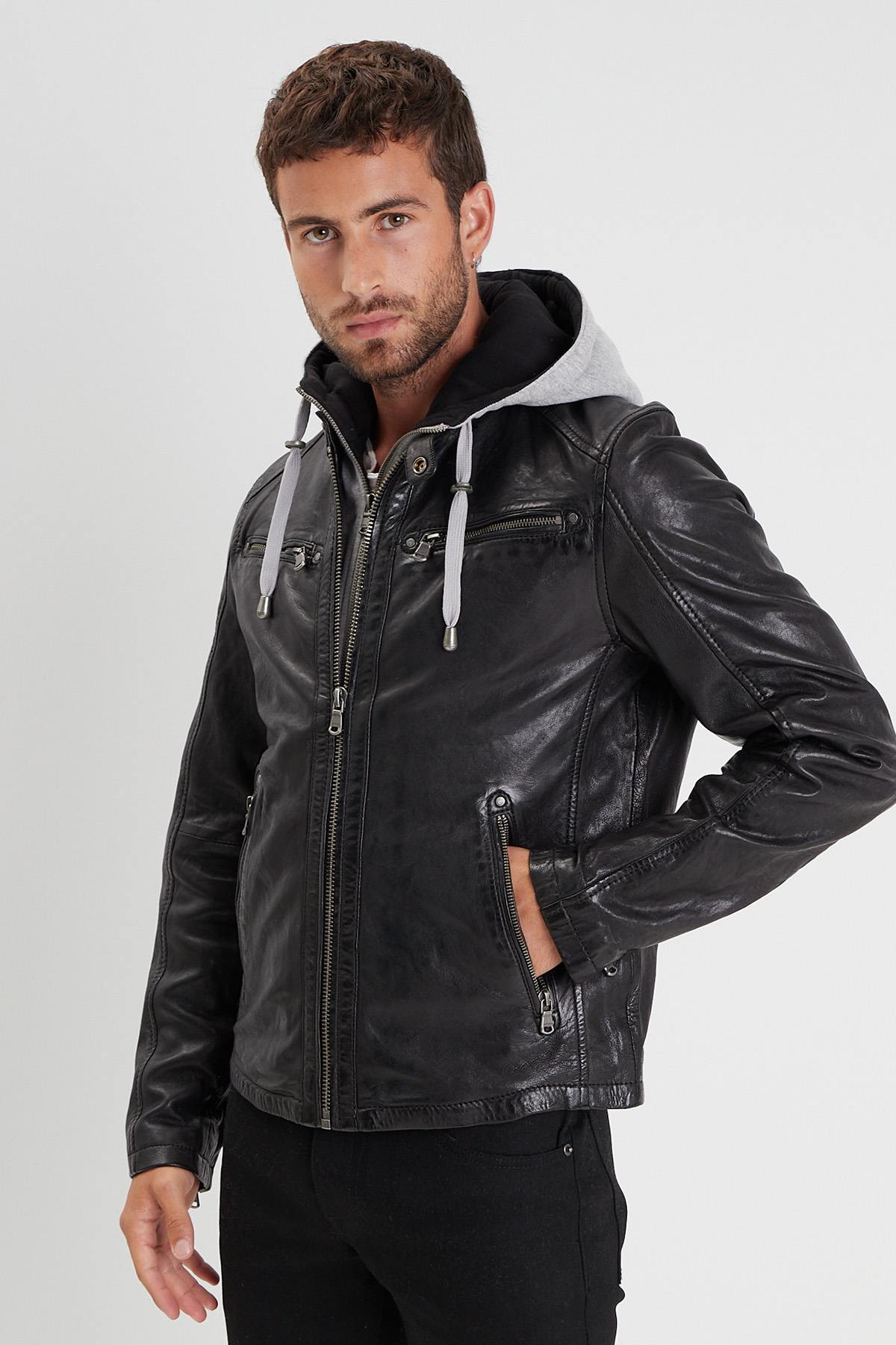 Black leather jacket with biker collar and removable facing - Image n°1