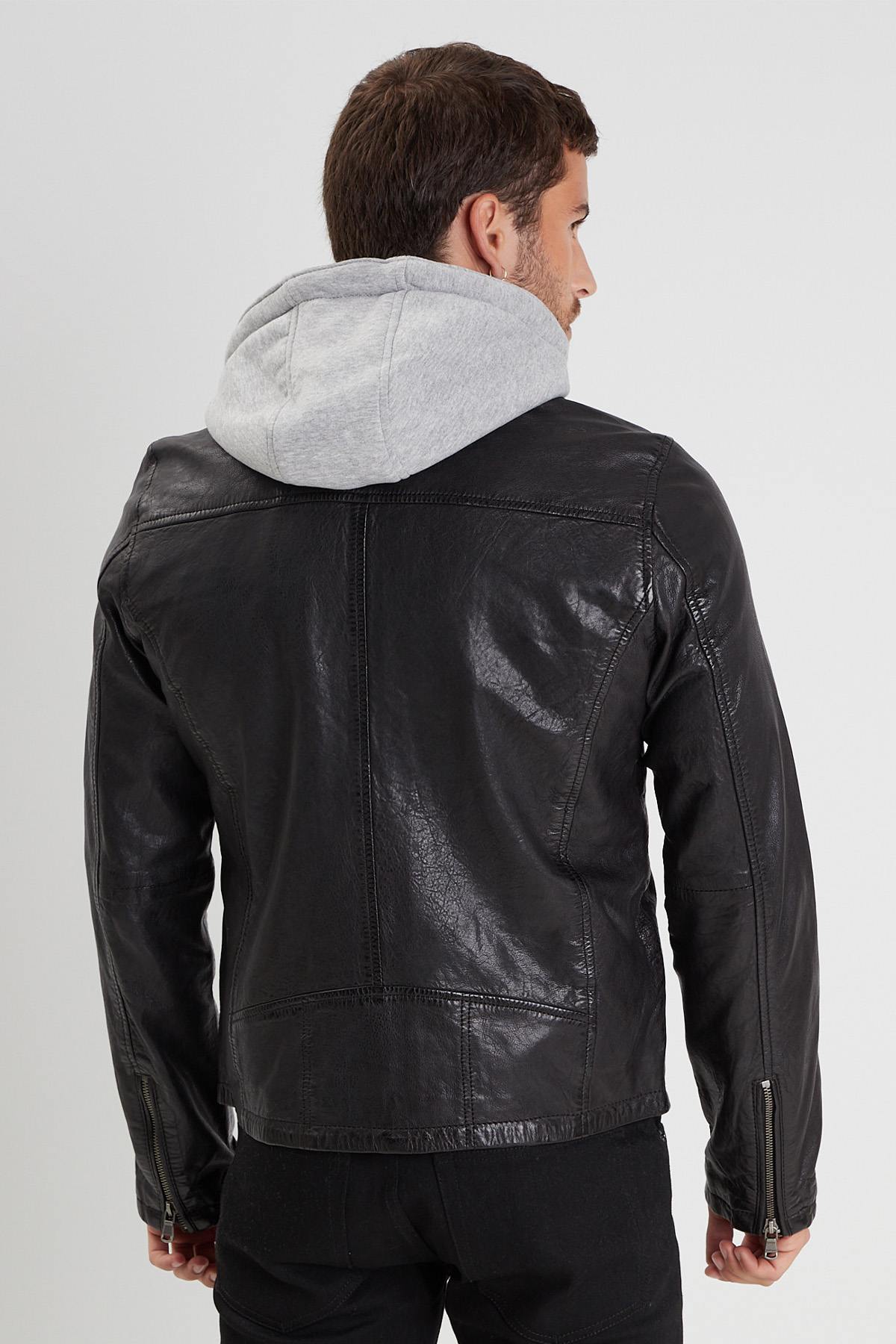 Black leather jacket with biker collar and removable facing - Image n°3