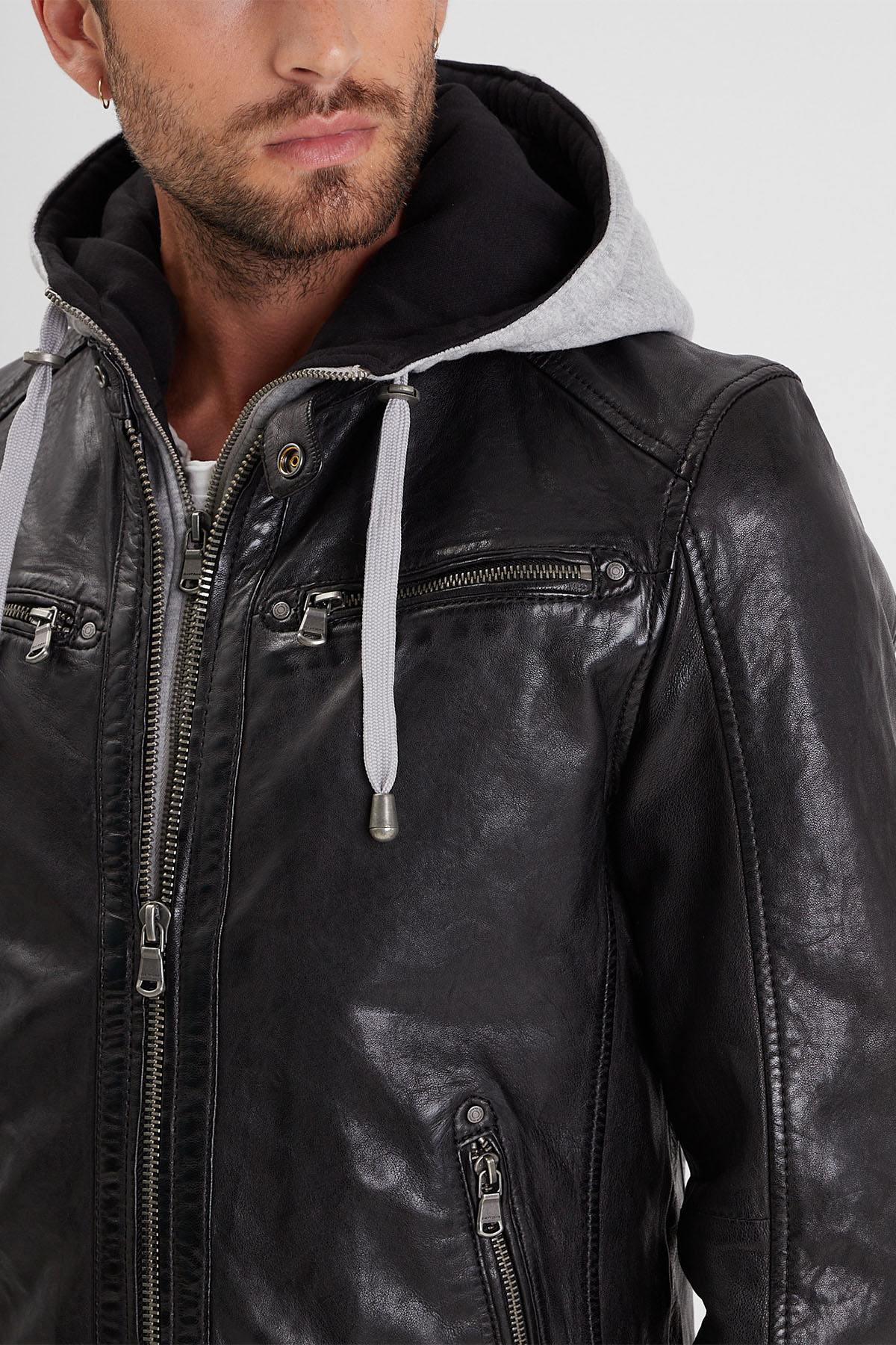 Black leather jacket with biker collar and removable facing - Image n°2