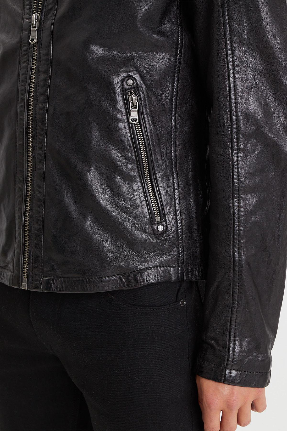 Black leather jacket with biker collar and removable facing - Image n°4