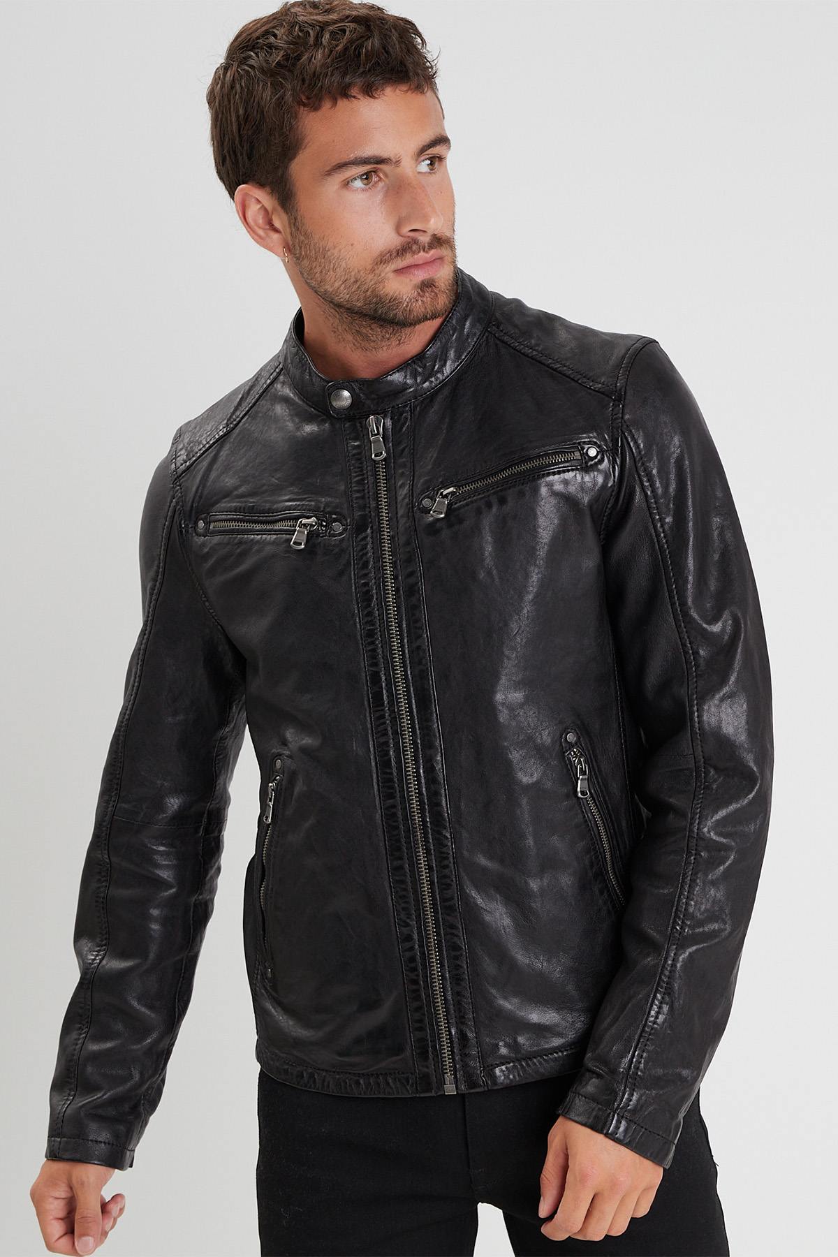 Black leather jacket with biker collar and removable facing - Image n°5