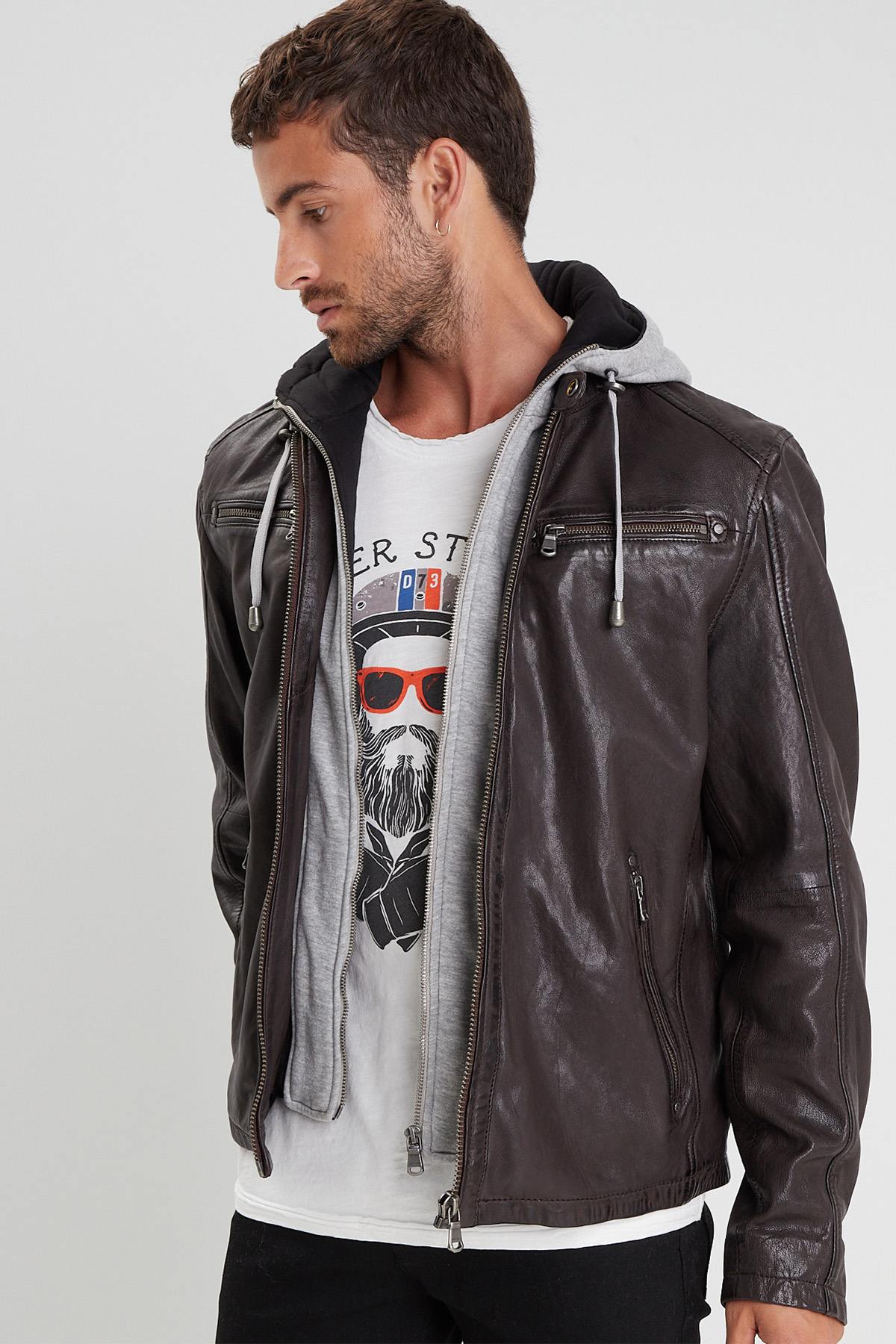 Reddish brown leather jacket with biker collar and removable facing - Image n°6