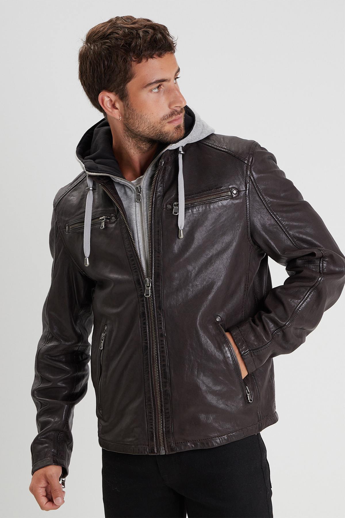 Reddish brown leather jacket with biker collar and removable facing - Image n°1