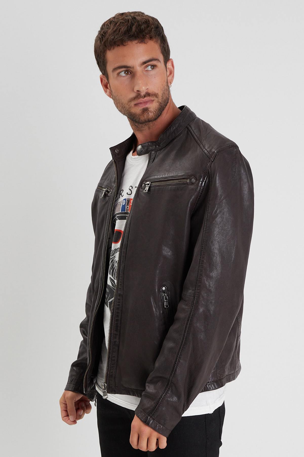 Reddish brown leather jacket with biker collar and removable facing - Image n°4