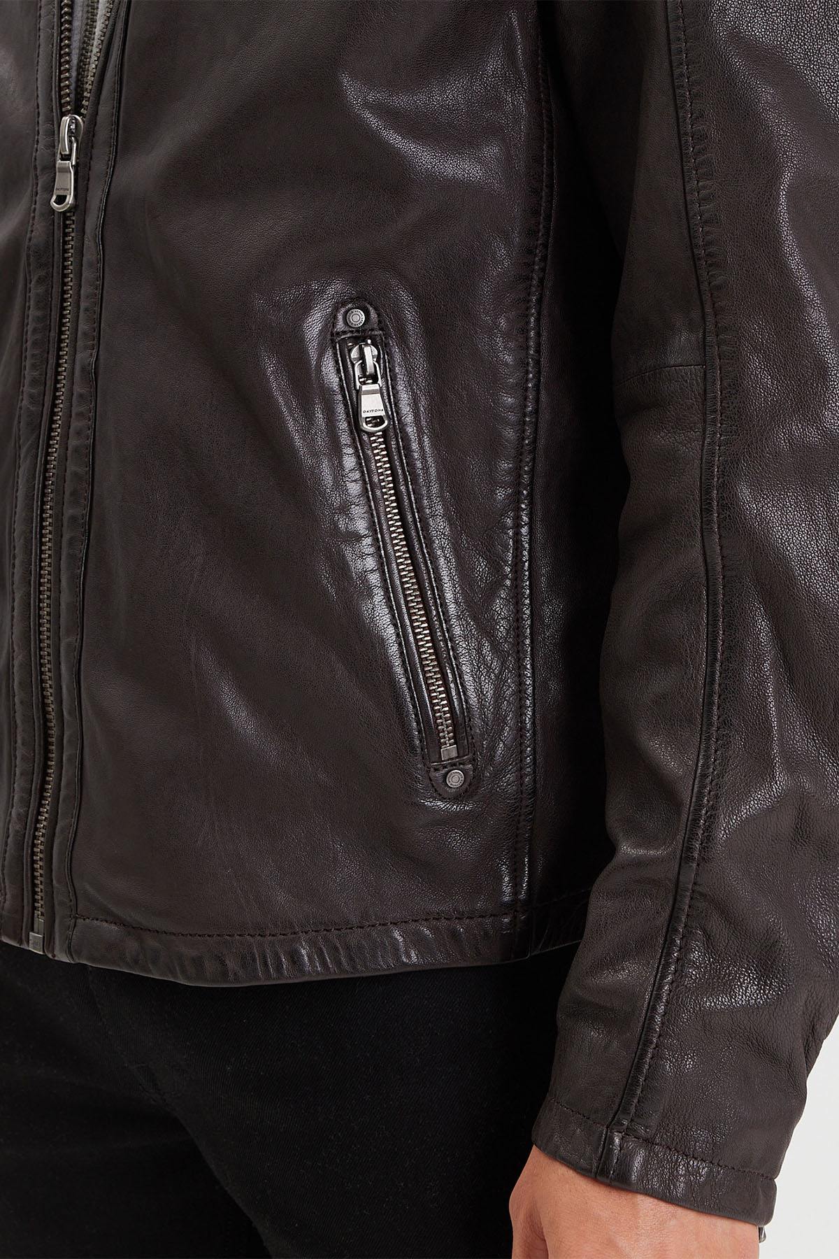 Reddish brown leather jacket with biker collar and removable facing - Image n°5