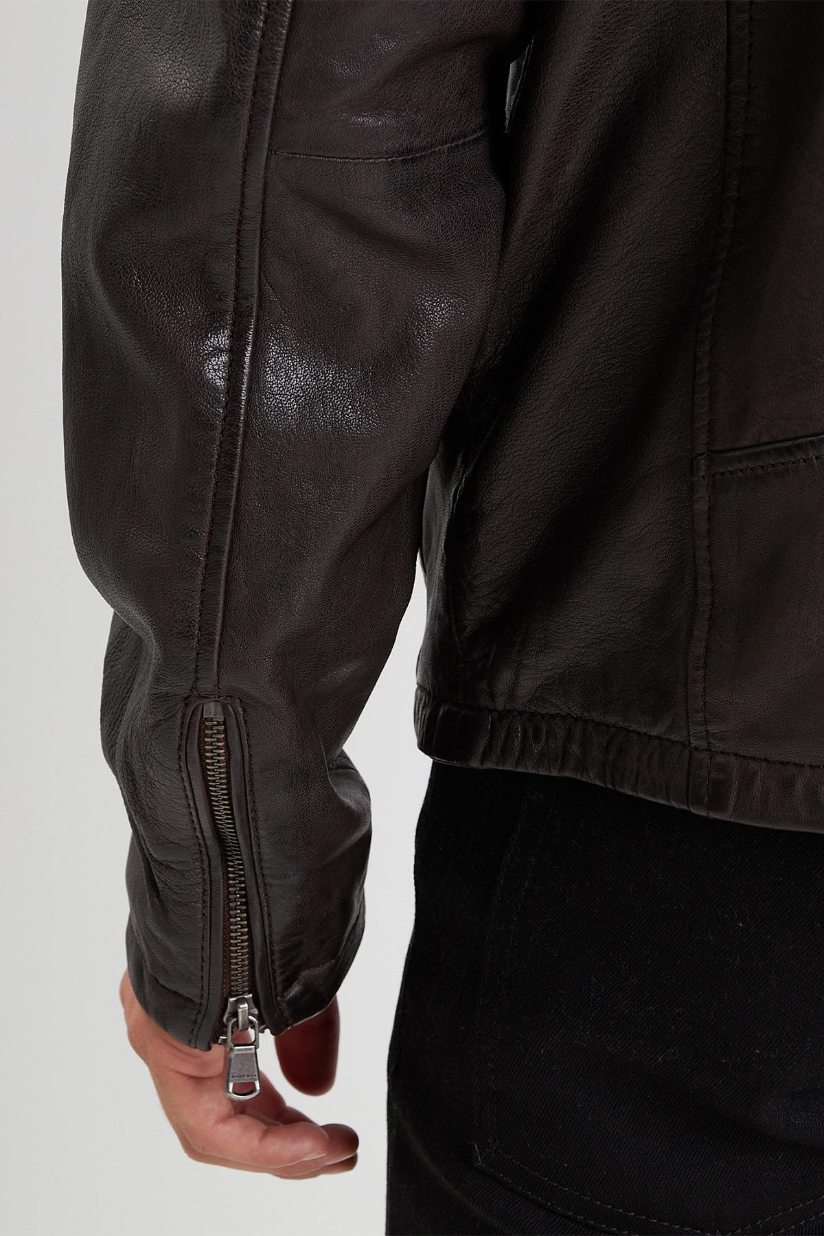 Reddish brown leather jacket with biker collar and removable facing - Image n°3