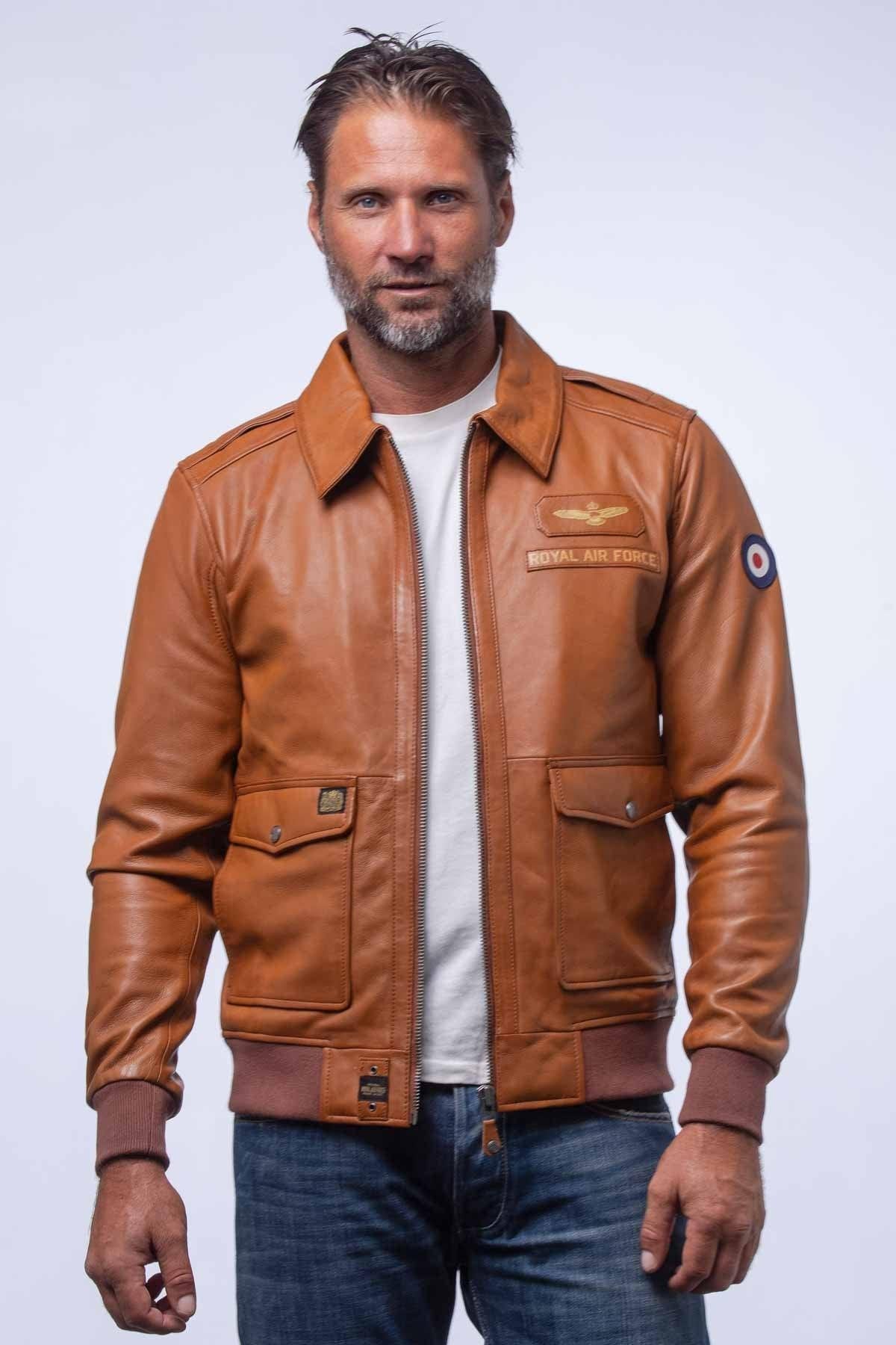 Camel sheepskin leather bomber jacket with shirt collar - Image n°4