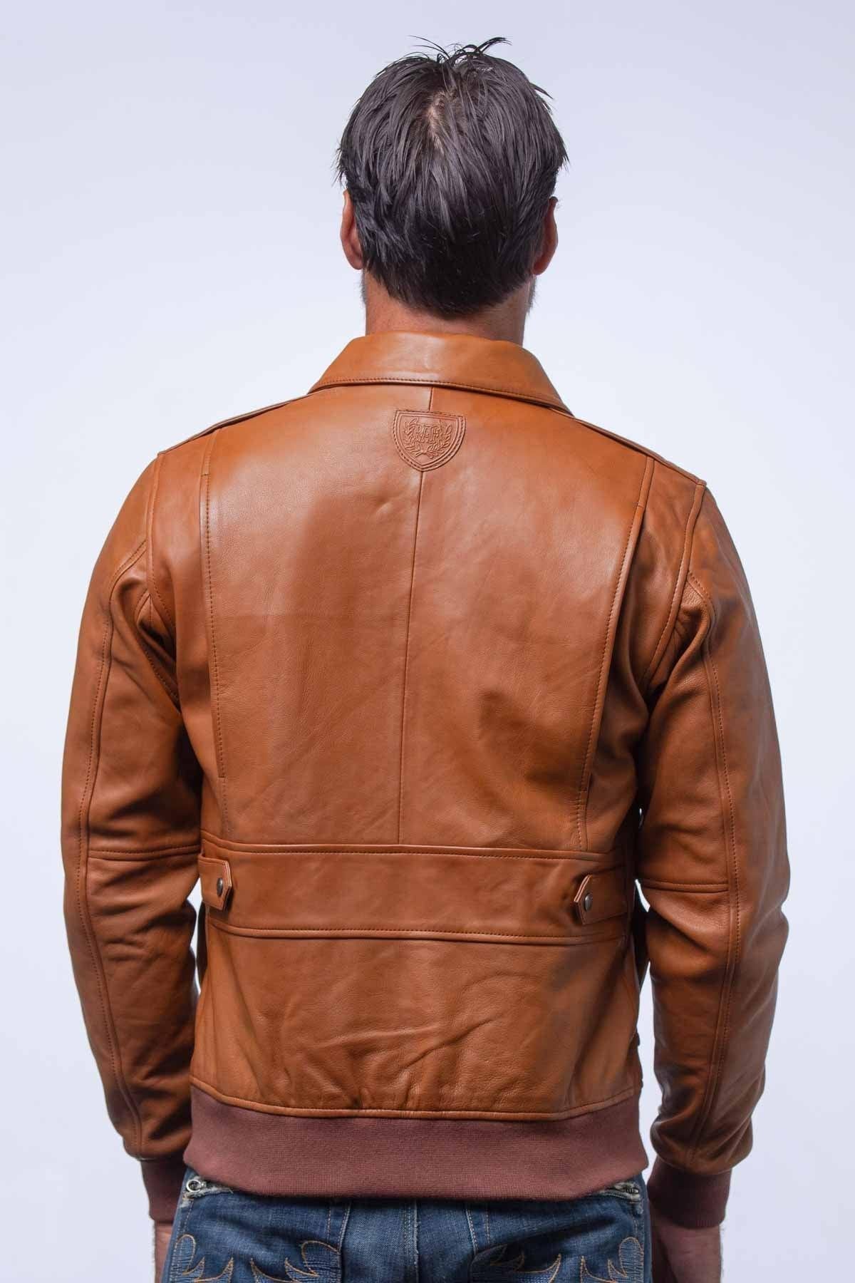 Camel sheepskin leather bomber jacket with shirt collar - Image n°3