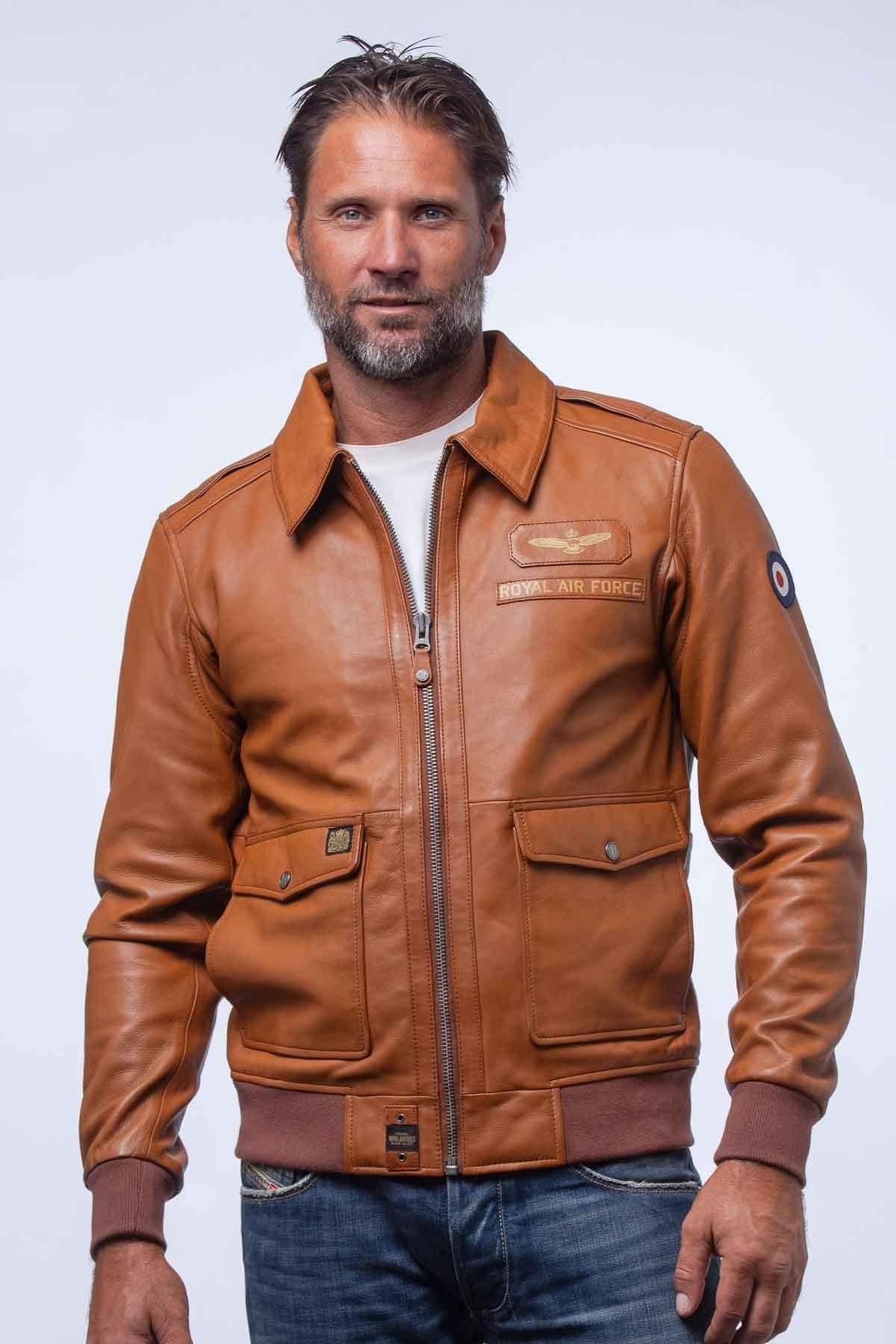 Camel sheepskin leather bomber jacket with shirt collar - Image n°1