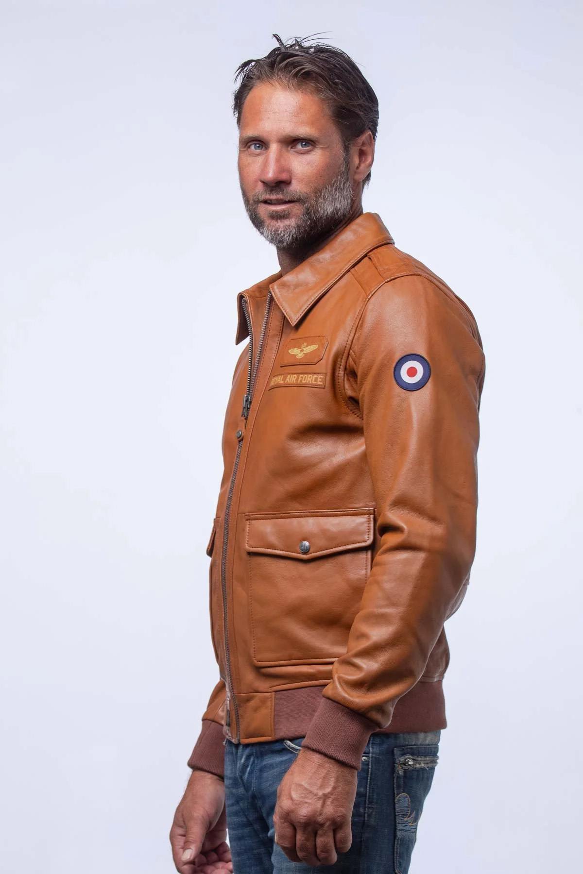 Camel sheepskin leather bomber jacket with shirt collar - Image n°2