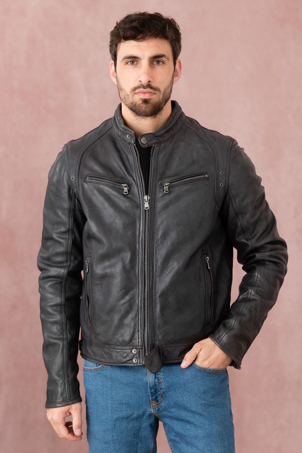 Dark blue lambskin leather jacket - Image n°2