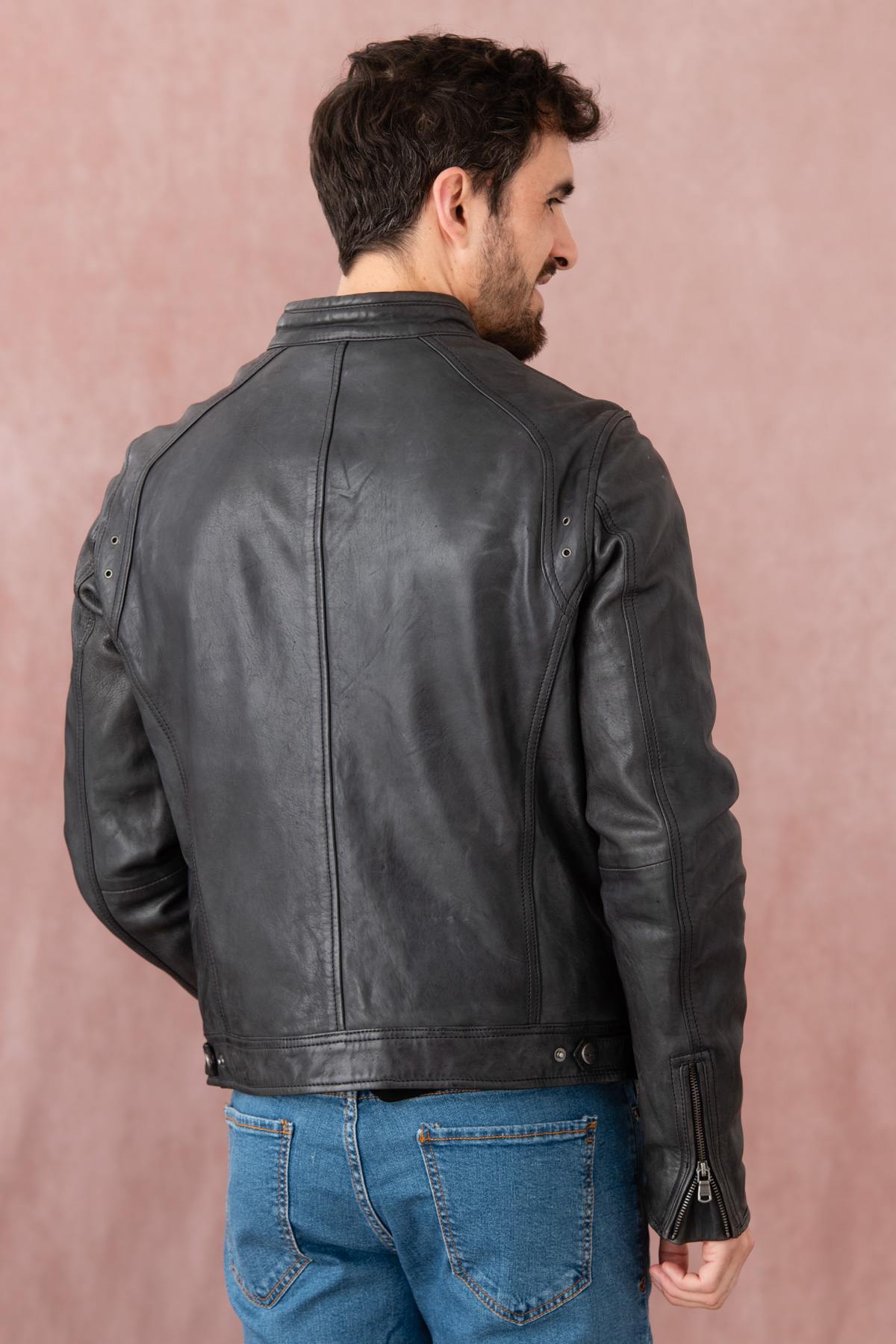 Dark blue lambskin leather jacket - Image n°6