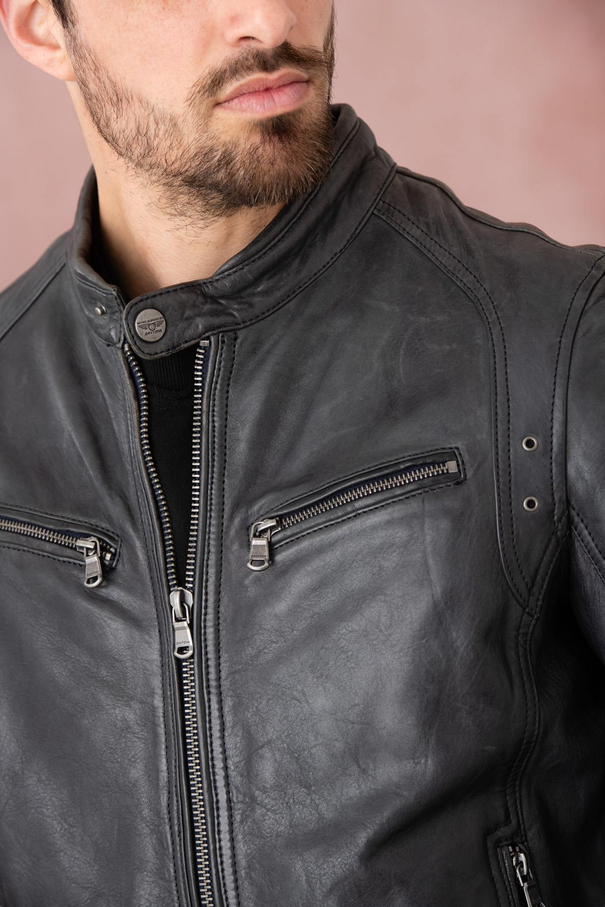 Dark blue lambskin leather jacket - Image n°3