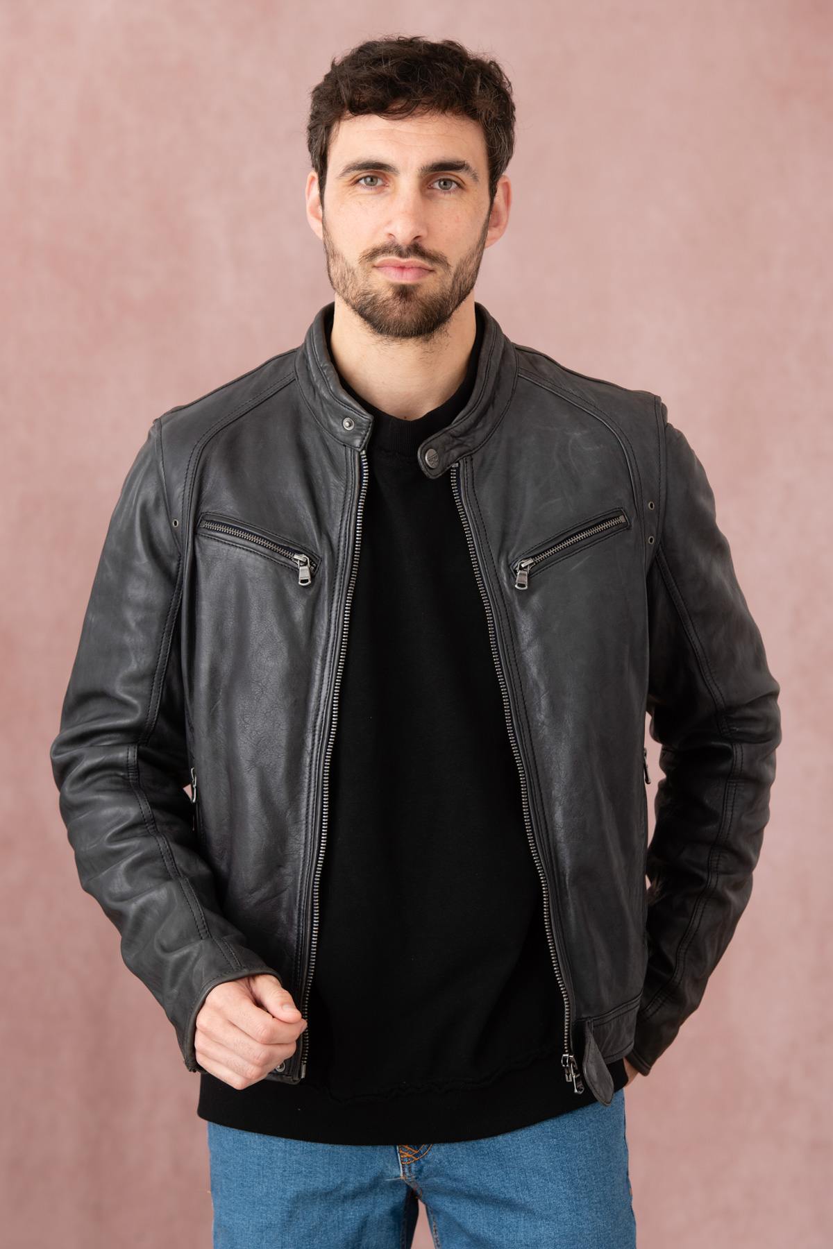 Dark blue lambskin leather jacket - Image n°8