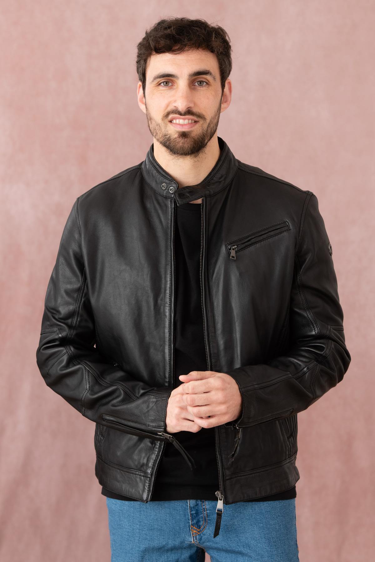 Black leather jacket with biker collar and stitching on the sides - Image n°5