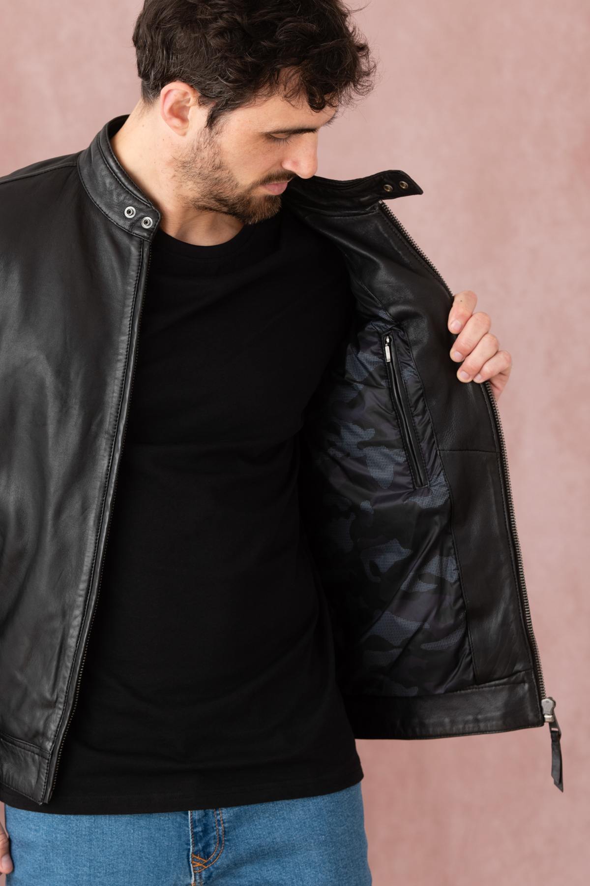 Black leather jacket with biker collar and stitching on the sides - Image n°6