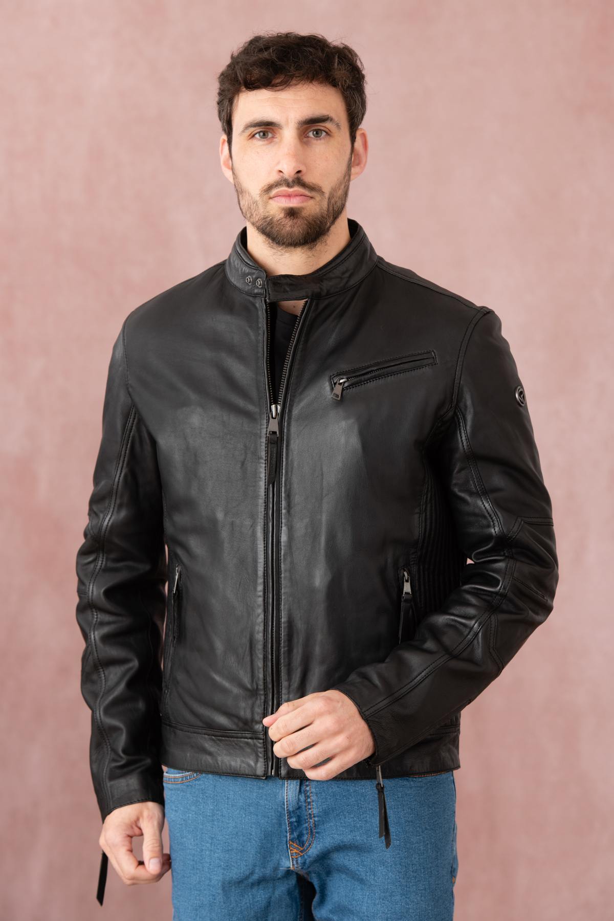 Black leather jacket with biker collar and stitching on the sides - Image n°1