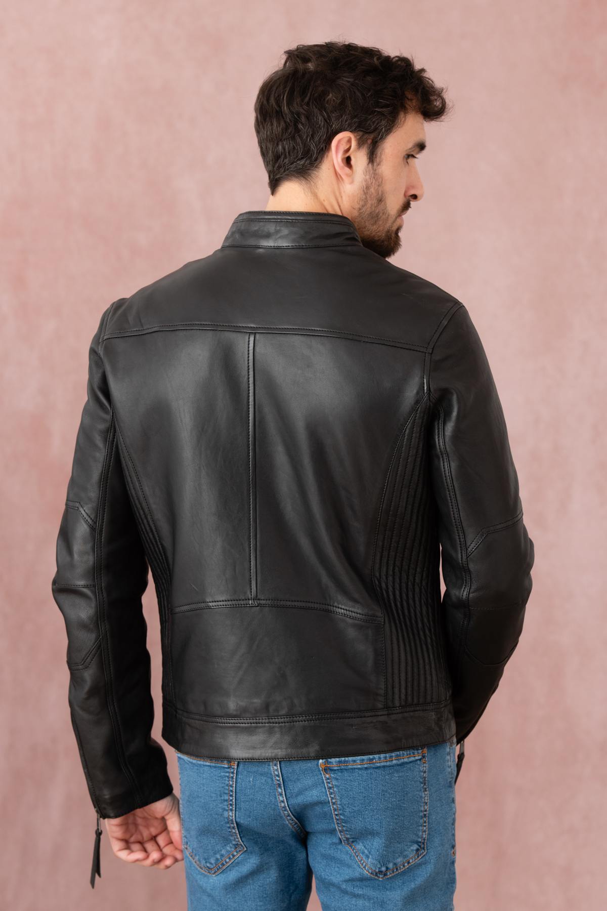 Black leather jacket with biker collar and stitching on the sides - Image n°2