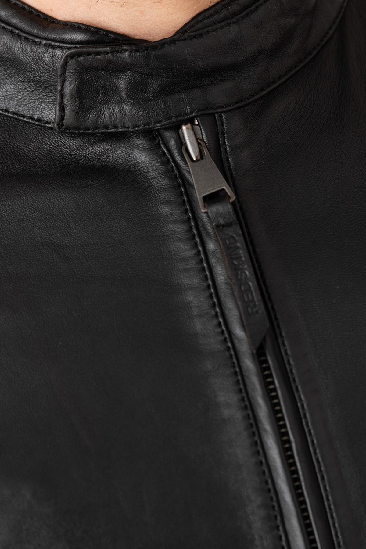 Black leather jacket with biker collar and stitching on the sides - Image n°6