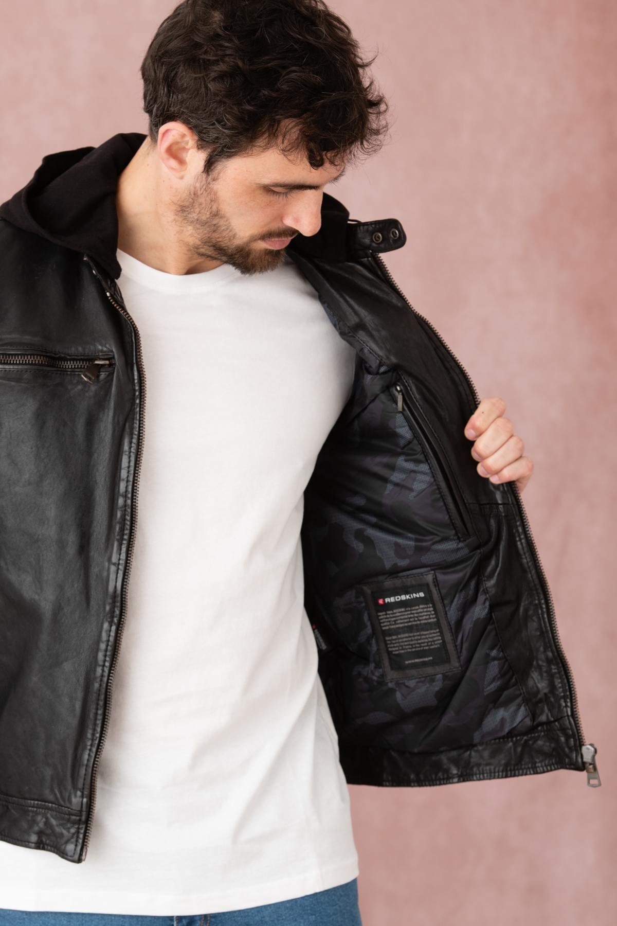 Black leather hooded jacket - Image n°7