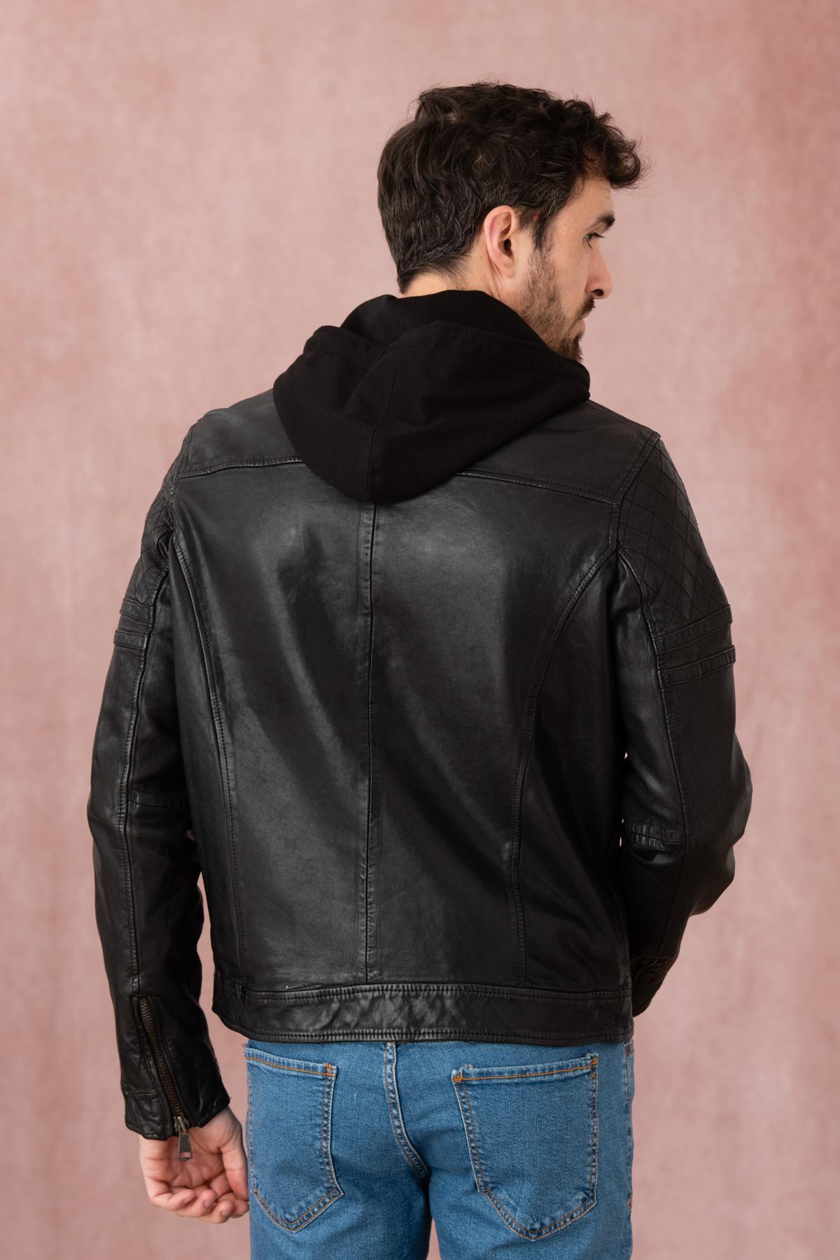 Black leather hooded jacket - Image n°2