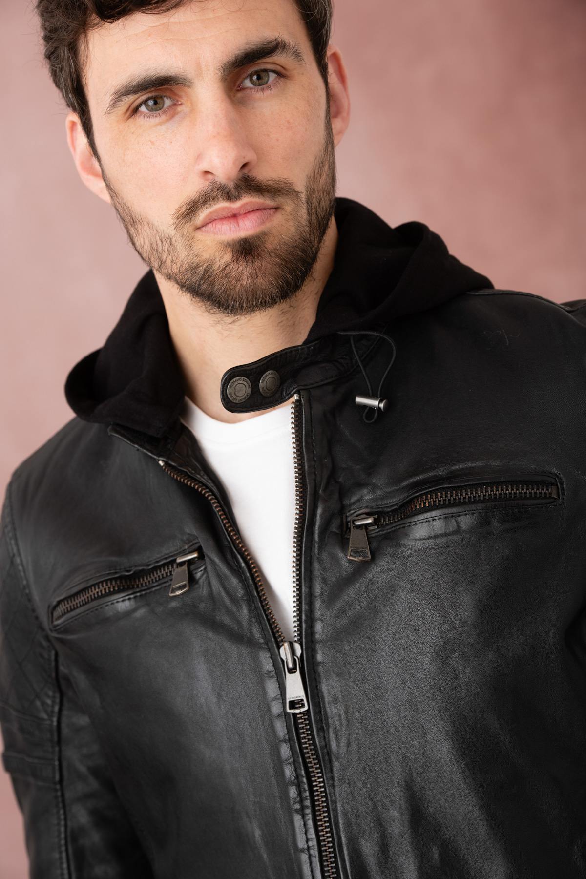 Black leather hooded jacket - Image n°4