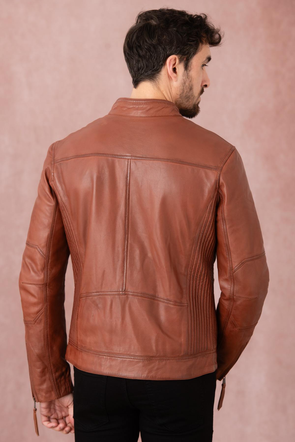 Cognac-colored leather jacket with biker collar - Image n°5