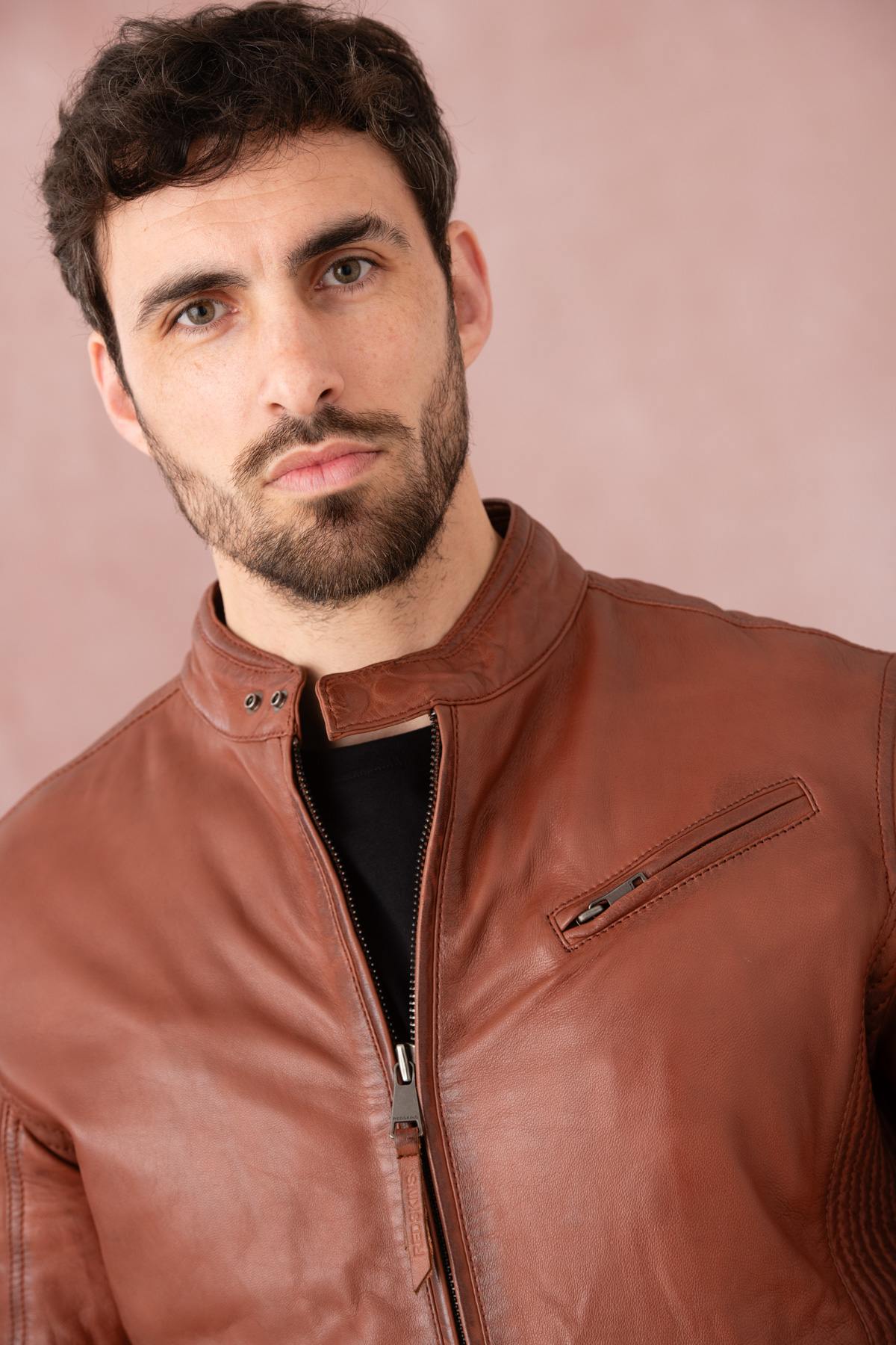 Cognac-colored leather jacket with biker collar - Image n°6