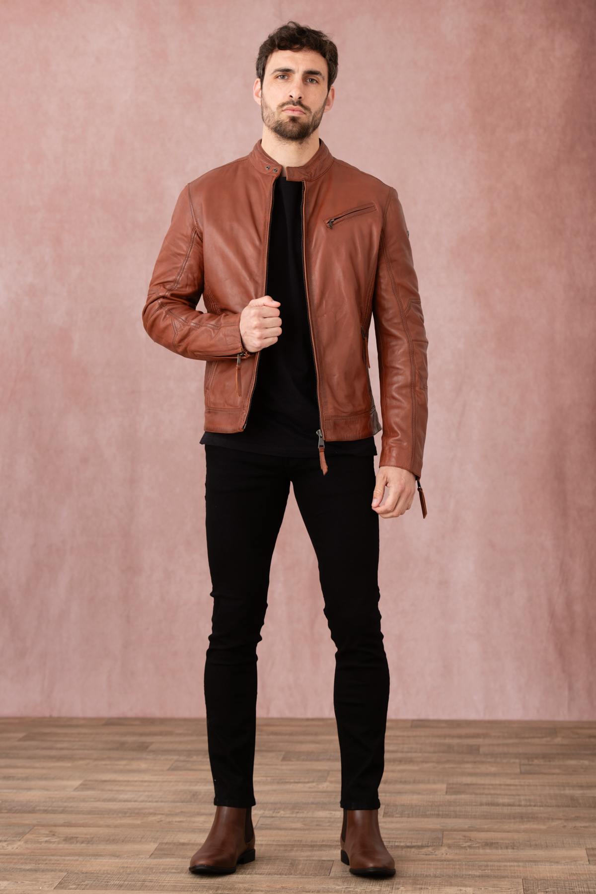 Cognac-colored leather jacket with biker collar - Image n°9