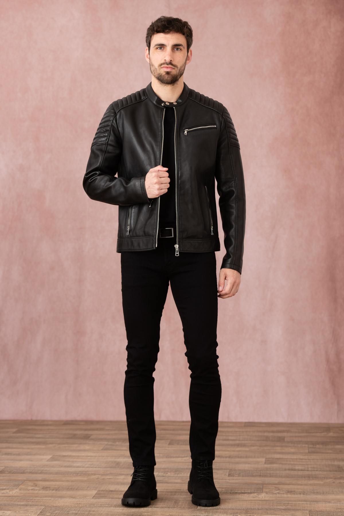 Black leather jacket with biker collar and stitching on the shoulders - Image n°2