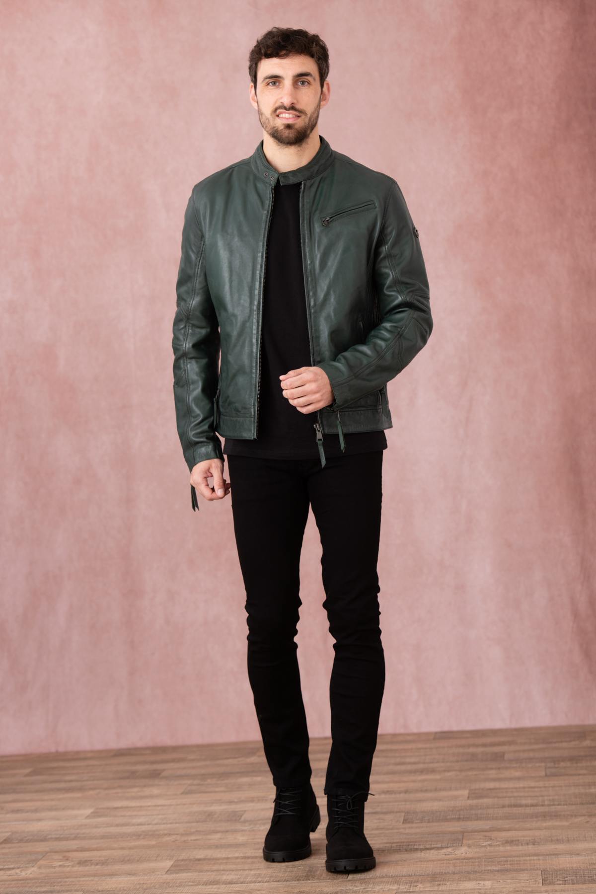 Forest green leather jacket with biker collar - Image n°4